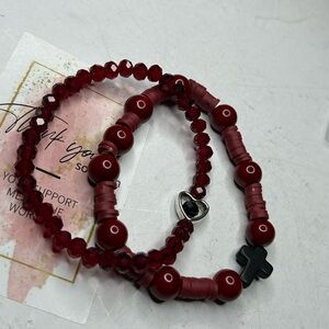 Red Beaded Bracelet Set with Heart Charm